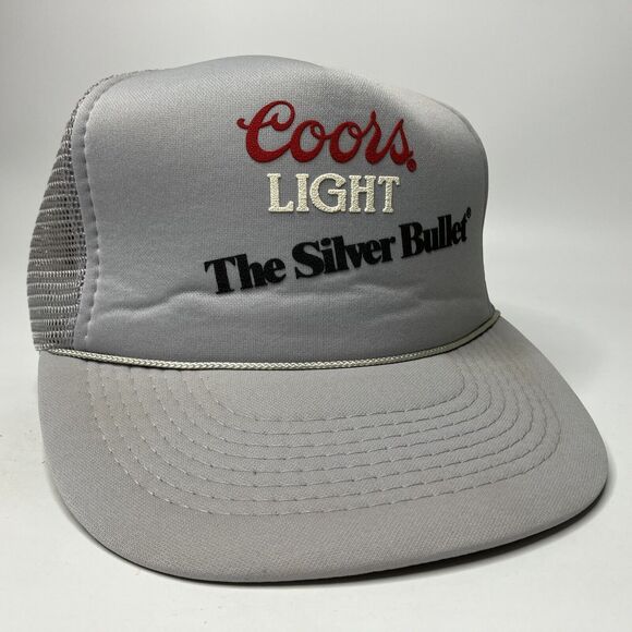 Vtg Coors Light Beer Silver Bullet Trucker Farmer Hat Cap Gray Mesh Snapback - Picture 1 of 12